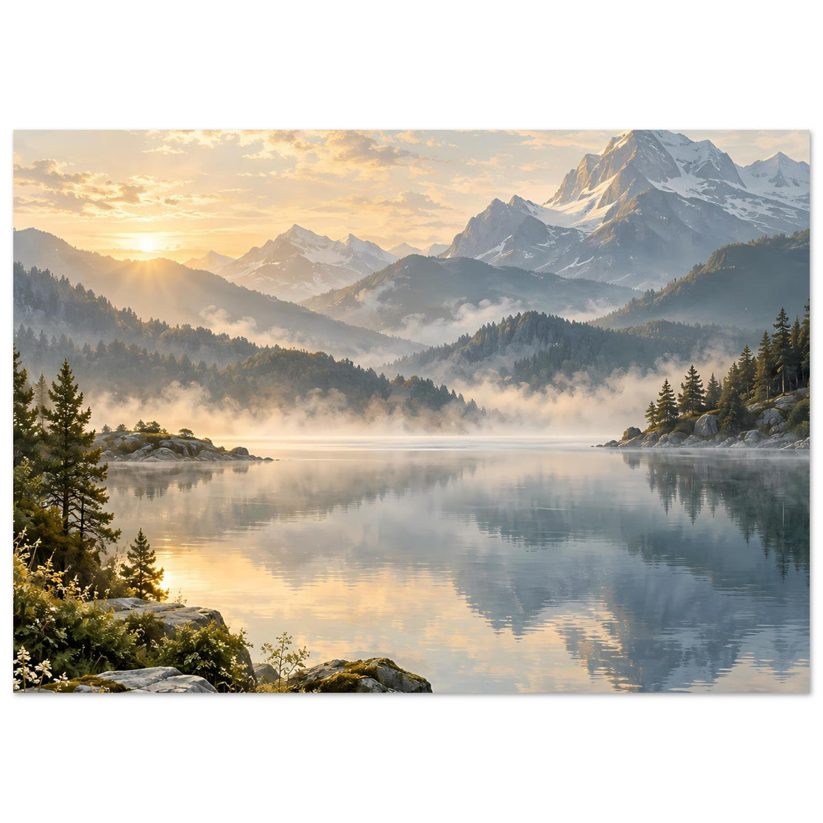 Landschaftsposter im Querformat: goldener Sonnenaufgang über nebligem Bergsee, mit Spiegelung.
