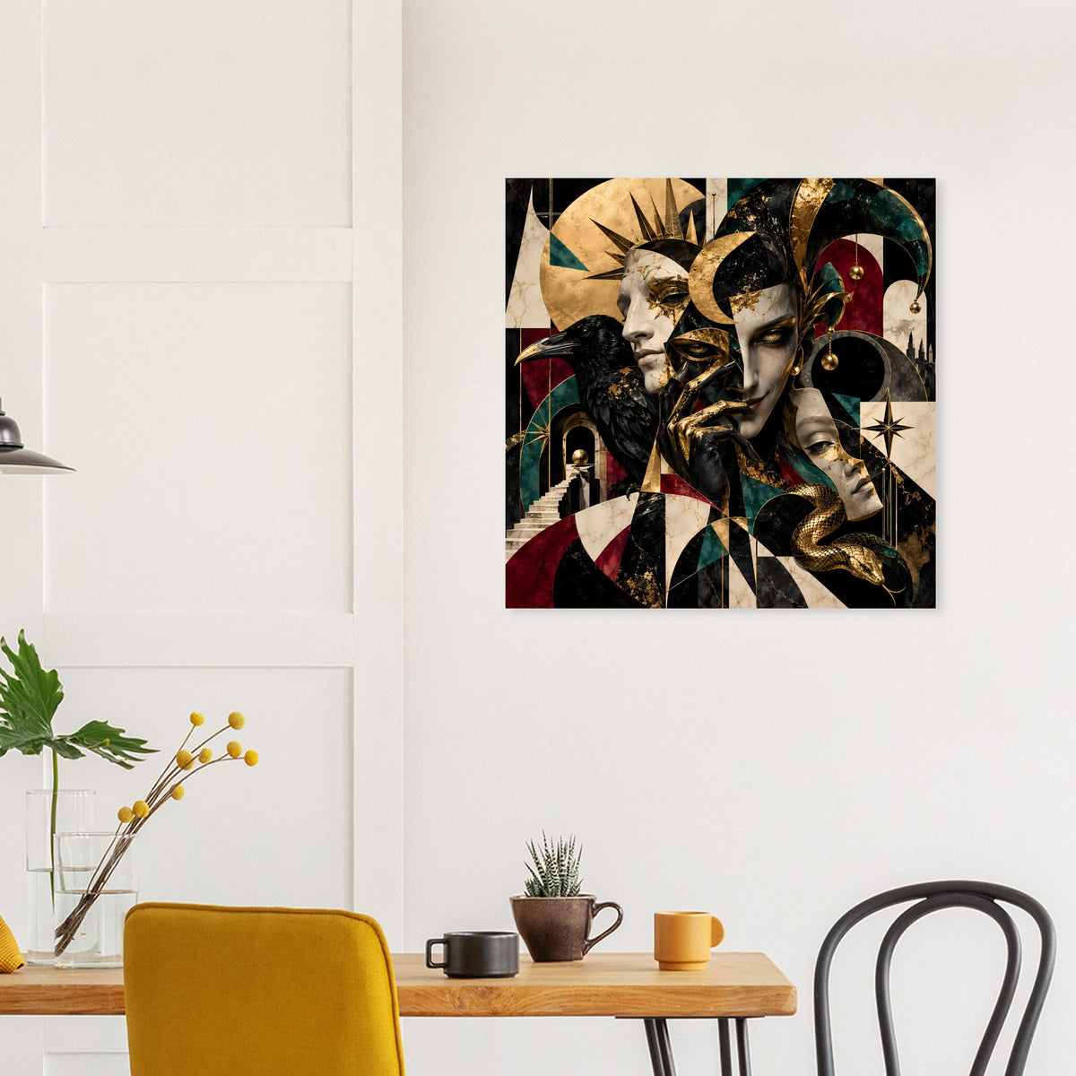 Kunstposter quadratisch mit abstrakten Gesichtern, dunkel und goldene Akzente