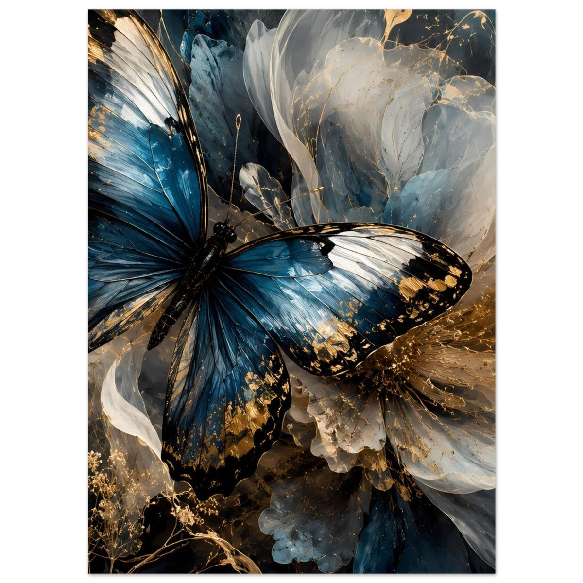 Poster (hochkant) mit blau-goldenem Schmetterling und weißer Flügelstruktur