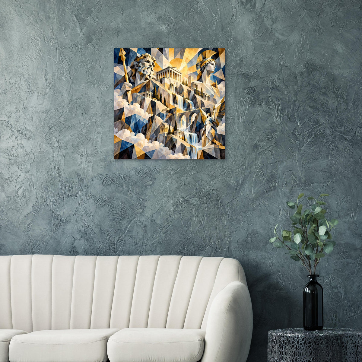 Poster mit geometrischem Mosaikmotiv in Blau, Gold und Weiß