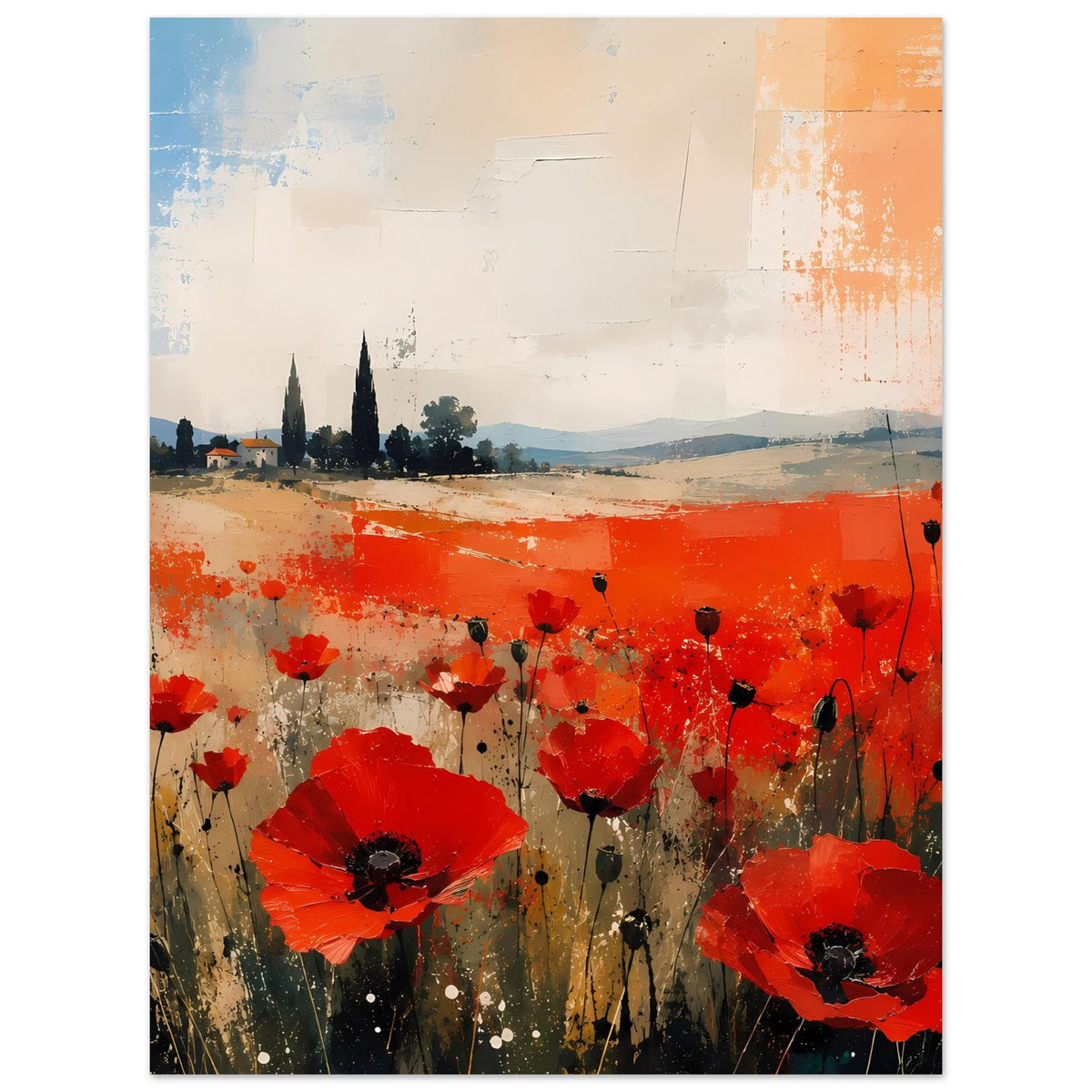 Poster mit roten Mohnblumen, horizontaler Farbfläche und Landschaft im Hintergrund