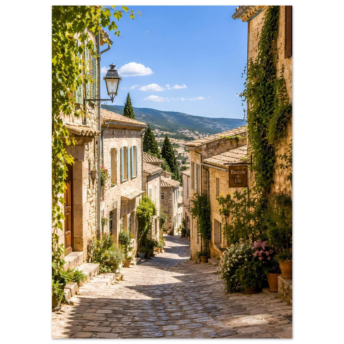 Straßenposter mit mediterraner Gasse, Laterne, Kopfsteinpflaster und grünen Pflanzen