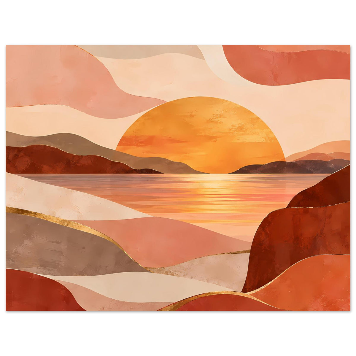 Querformat Poster: abstrakte Landschaft in Erdtönen, orange Sonne, Berge und ruhiges Wasser