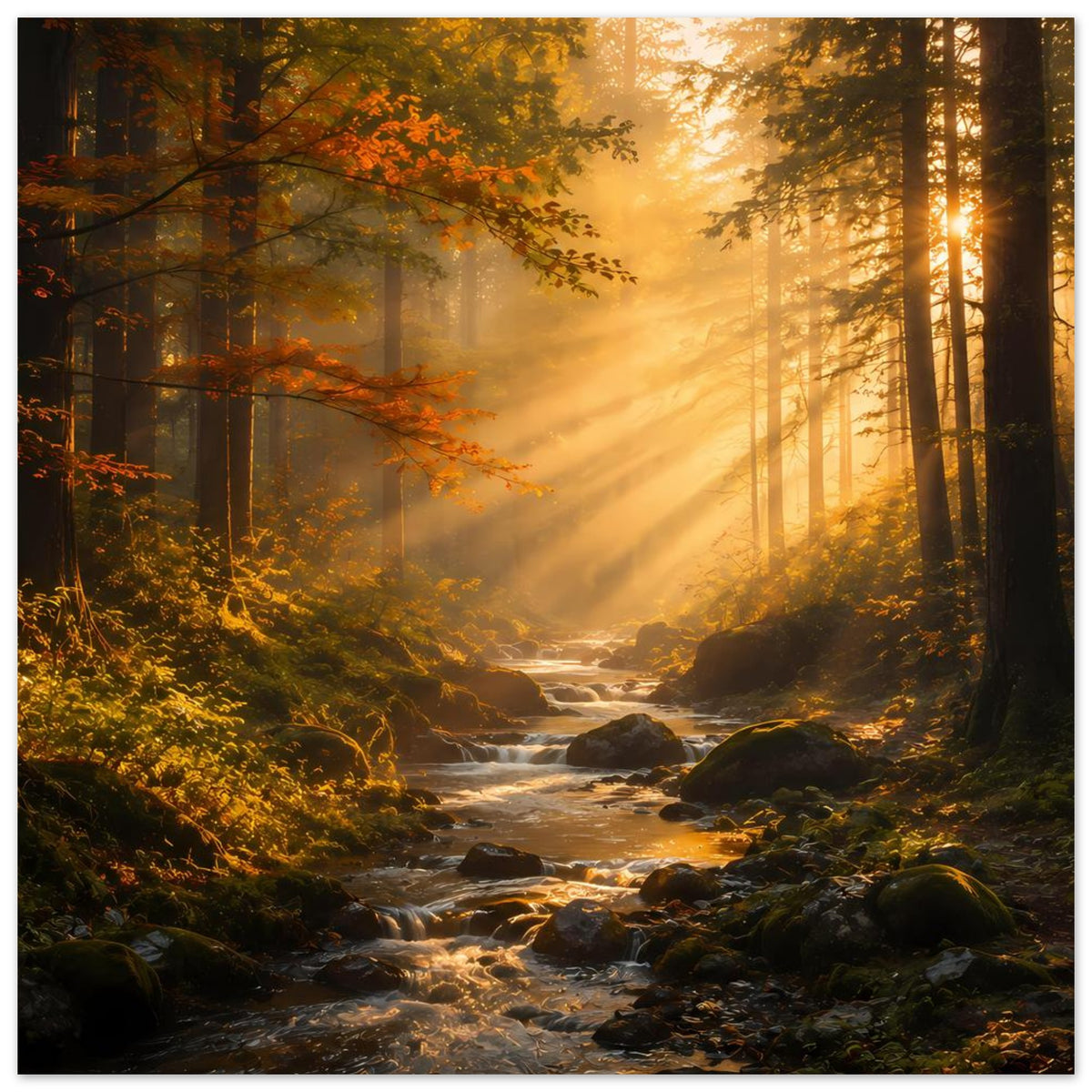 Wandposter Bachlauf durch Herbstwald, Sonne im Hintergrund und Lichtschimmer auf Steinen