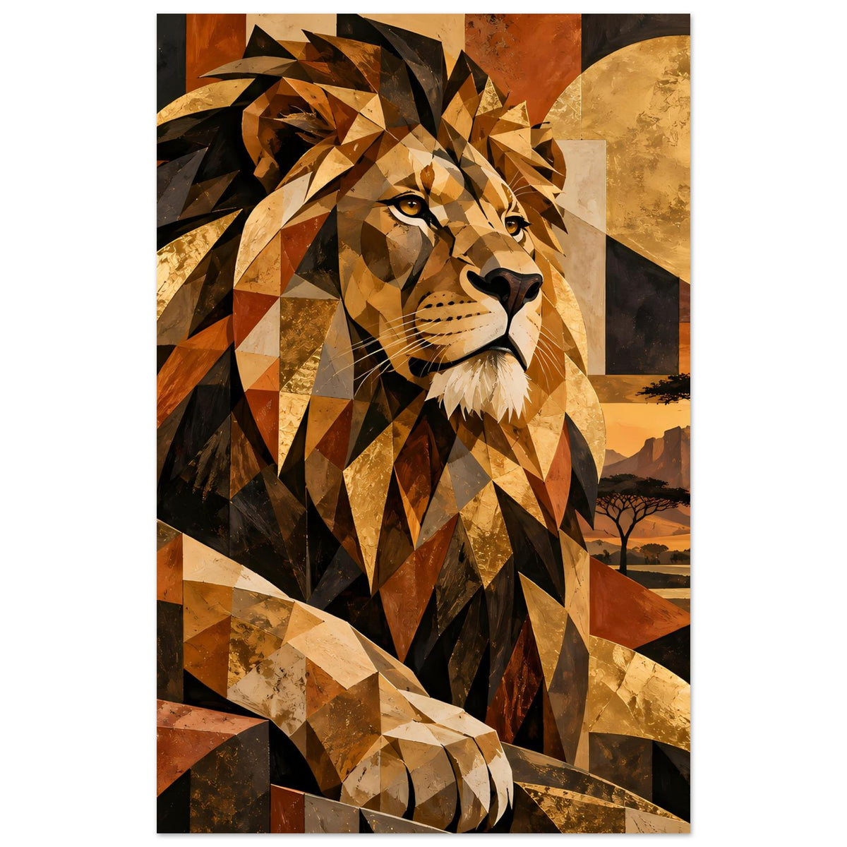 Löwenposter im geometrischen Mosaik, warmes Braun, Beige und Gold, Blick nach vorn