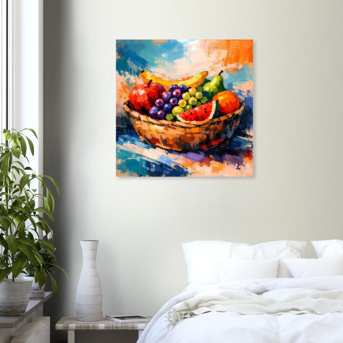 Poster mit expressiver Früchtekorb-Darstellung, bunte Beeren und Obststücke
