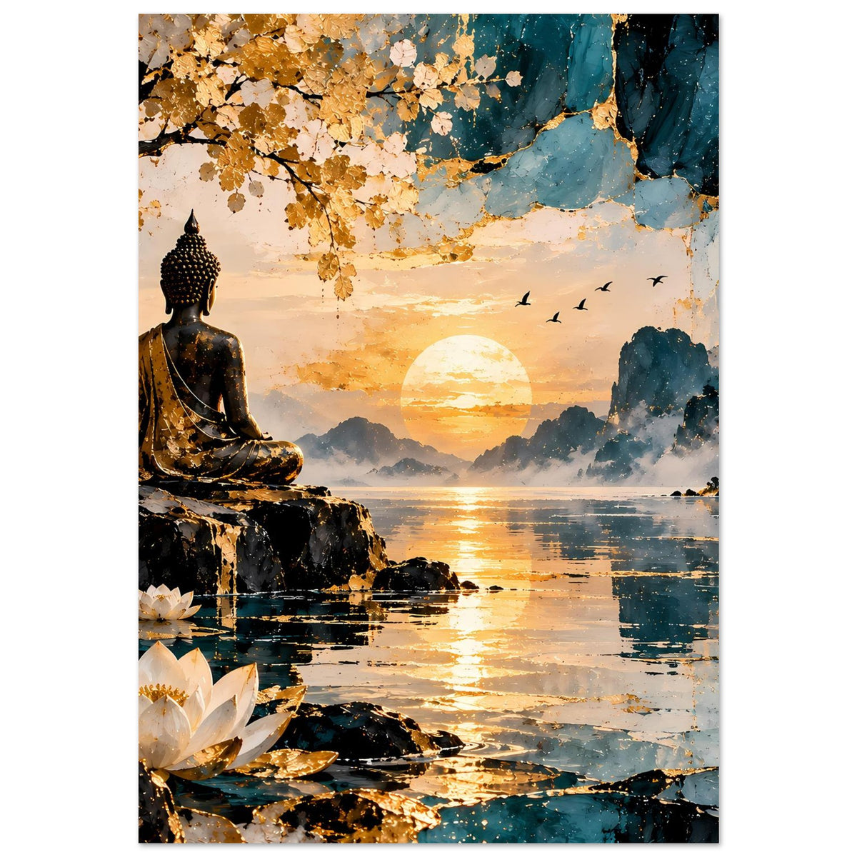 Buddha-Wandposter mit sitzendem Buddha, goldenen Blättern, Lotus und See bei Sonnenuntergang