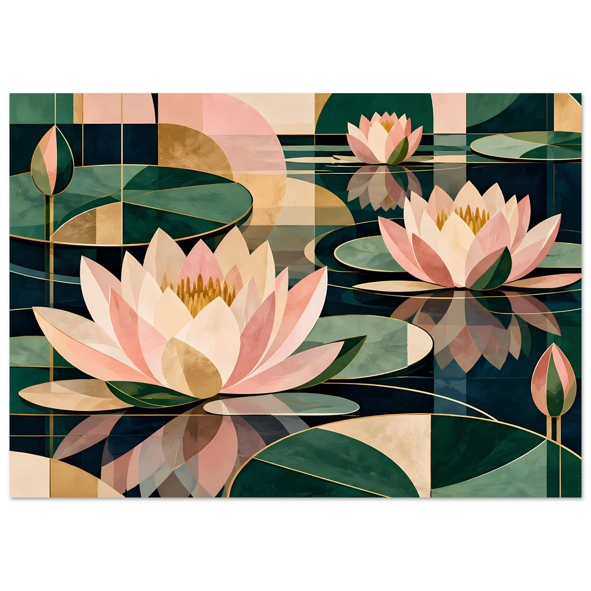Lotus-Grafikposter mit Lotusblüte im Vordergrund, grünen Blättern und rosa Akzenten
