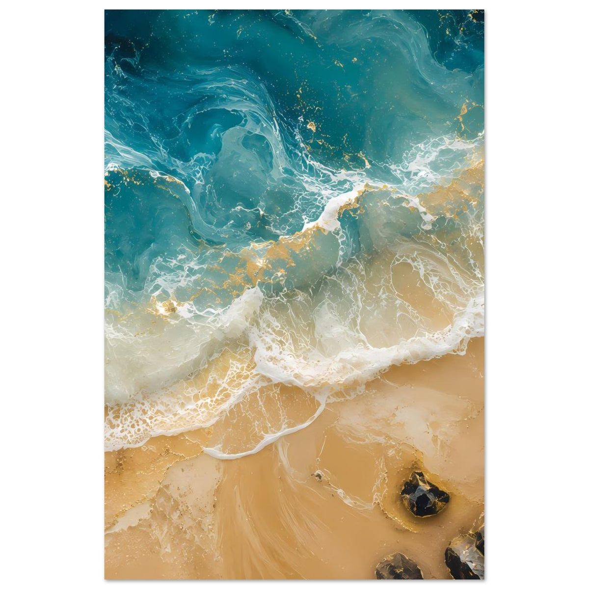Poster mit Meeresbrandung, türkisblauem Wasser und goldgelben Highlights, schäumend auf beigem Sand
