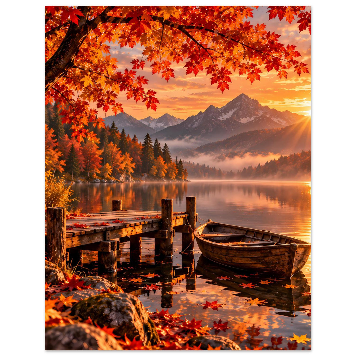 Poster mit Bergpanorama, Nebel über dem See, roter Blattkrone, Steg und Boot.