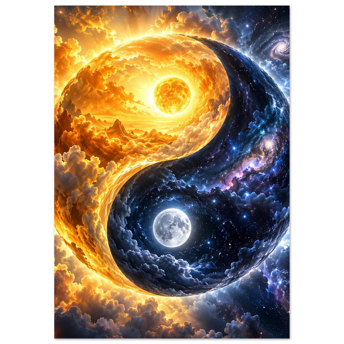 Yin-Yang-Kosmos-Kunstposter: zwei ineinander verschlungene Planeten, goldene Sonne und Mond