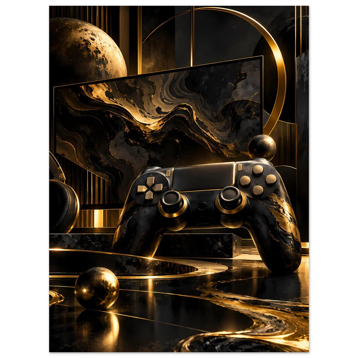 Gamingposter: Gamecontroller in Schwarz & Gold, abstrakte goldene Akzente und Kugeln