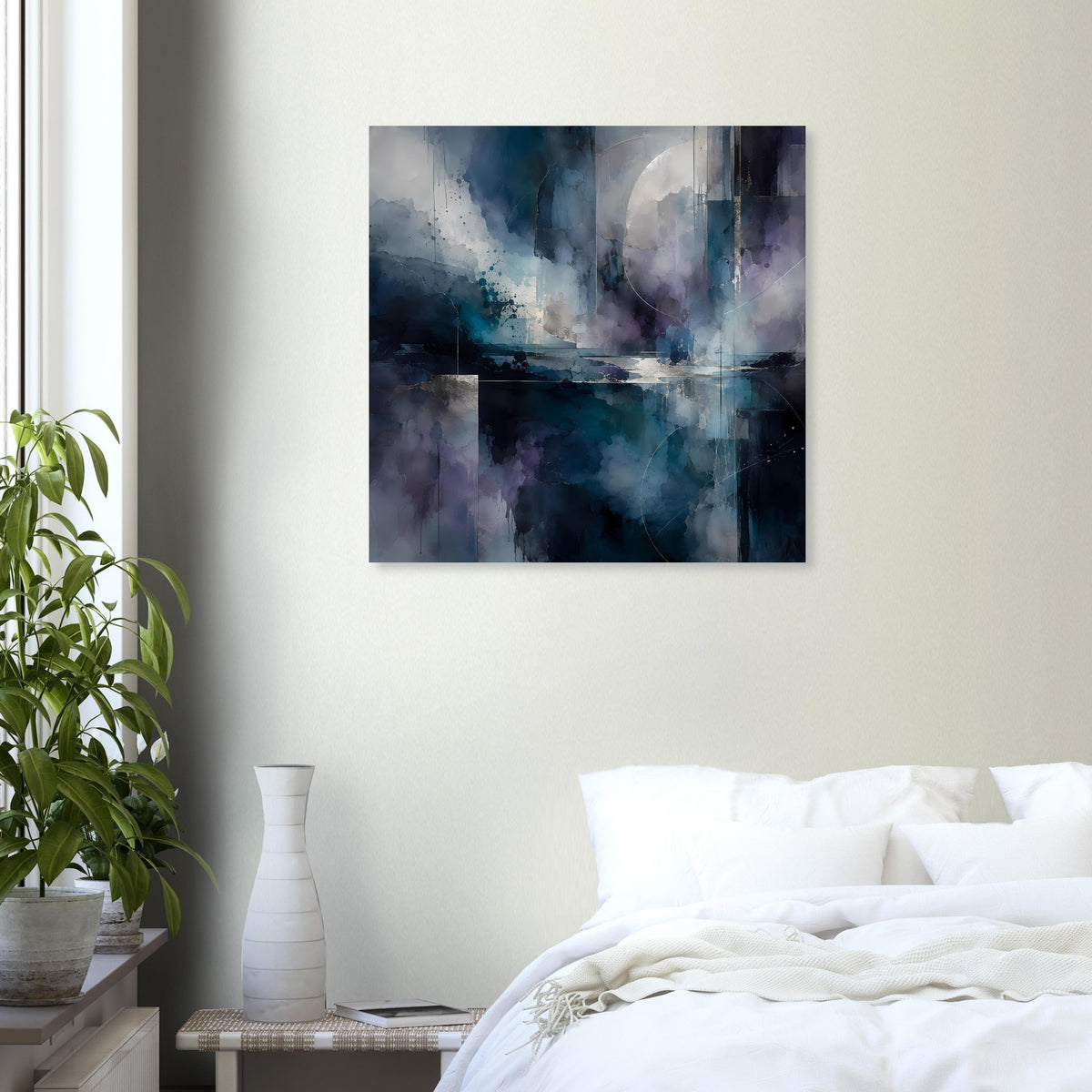 Abstraktes Kunstposter mit Blau-Lila-Übergängen und kontrastreichen dunklen Streifen