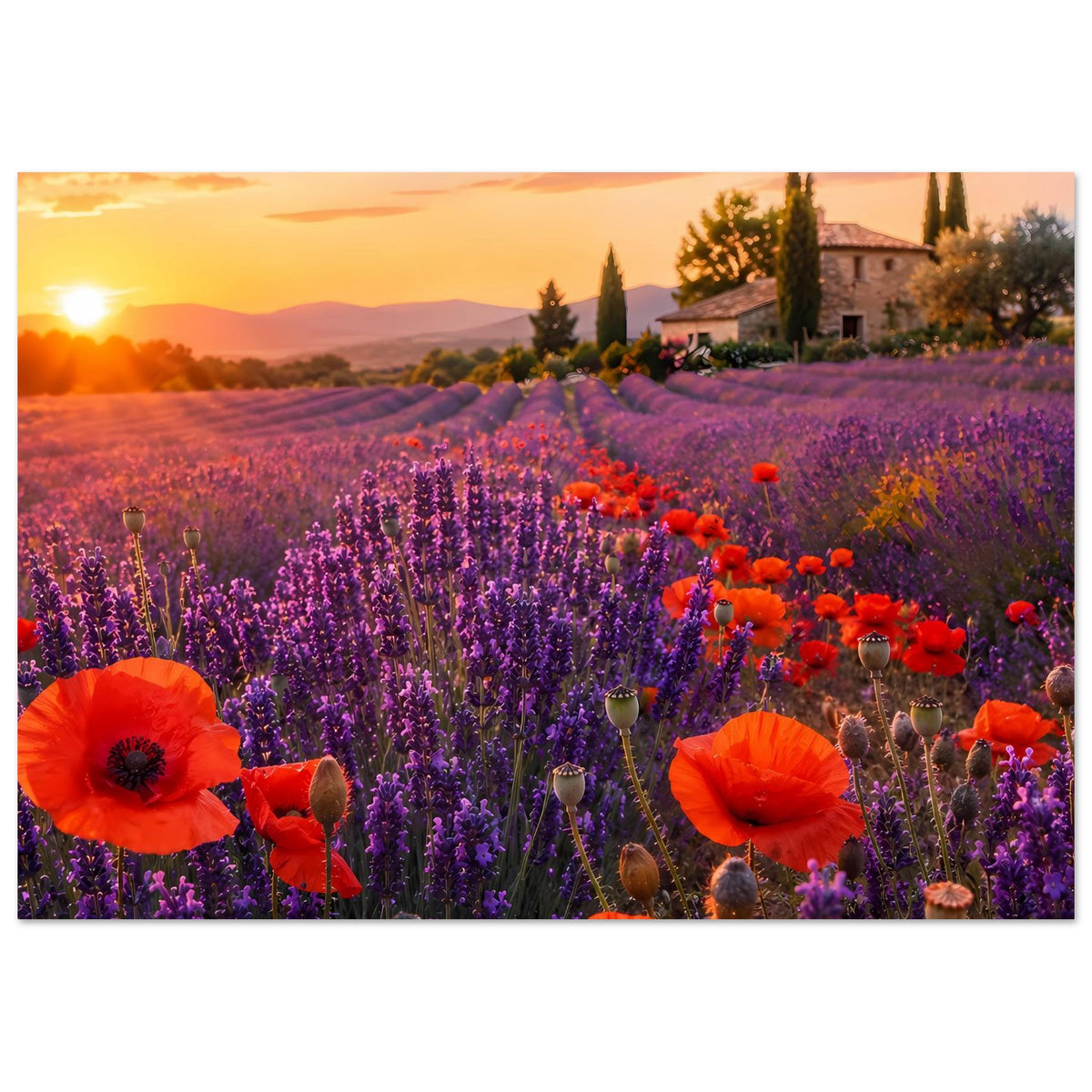 Querformat-Poster: Lavendelfeld mit roten Mohnblumen, goldenes Abendlicht und Landhaus rechts
