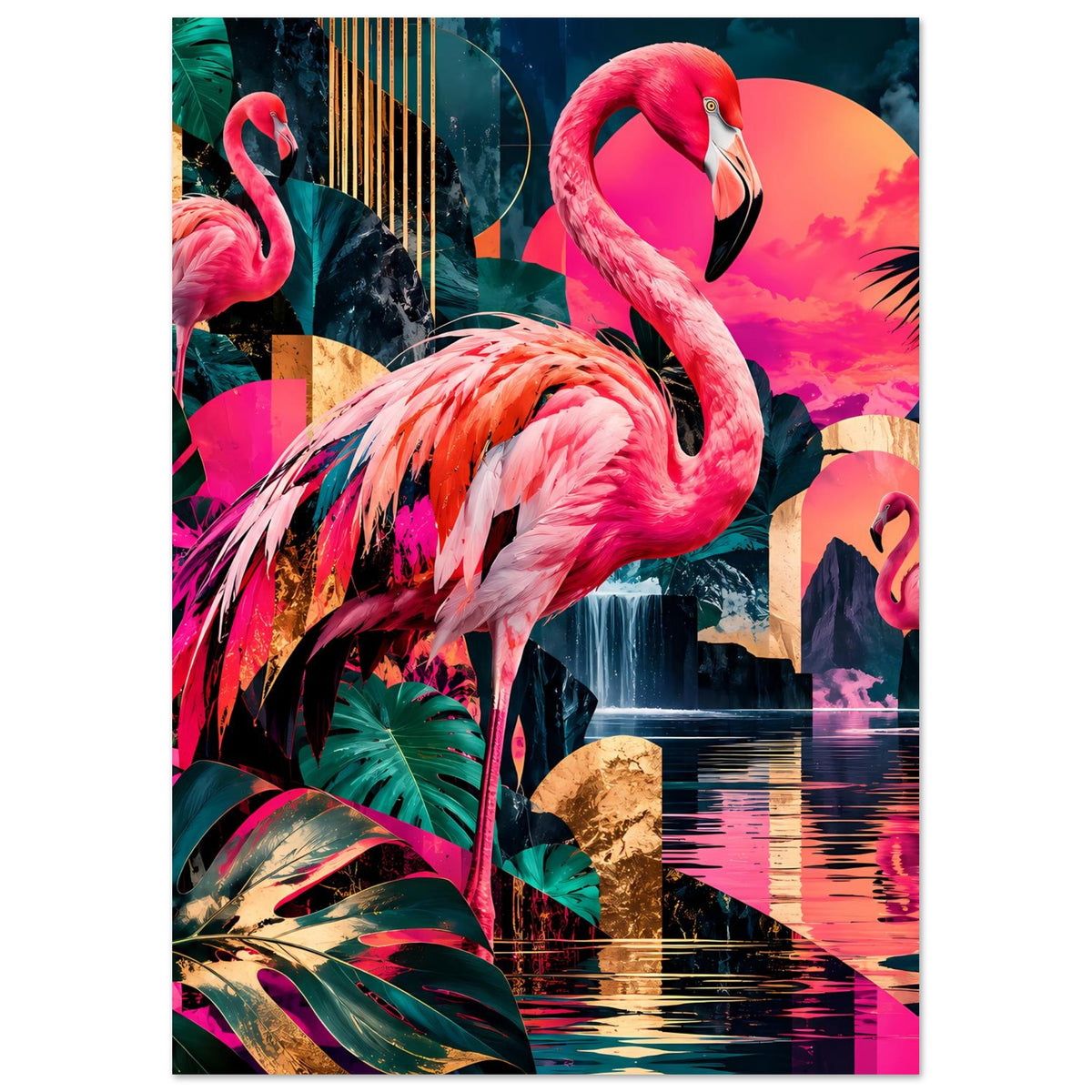 Flamingo-Poster mit pinken Flamingos, Palmen und Wasser, im Hochformat