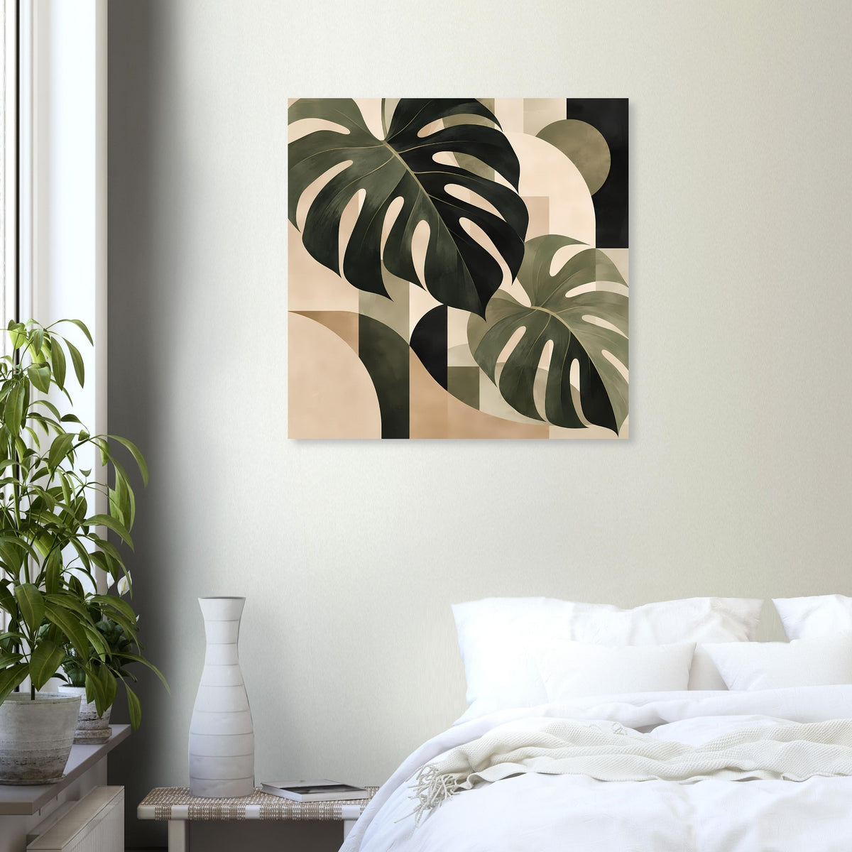 Quadratisches Poster mit Monstera-Blattmotiven: Salbeigrün auf beigen Flächen