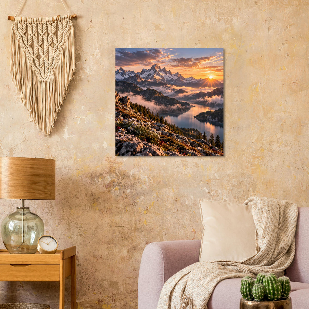 Quadratisches Poster mit Berglandschaft und See bei Sonnenaufgangsstimmung