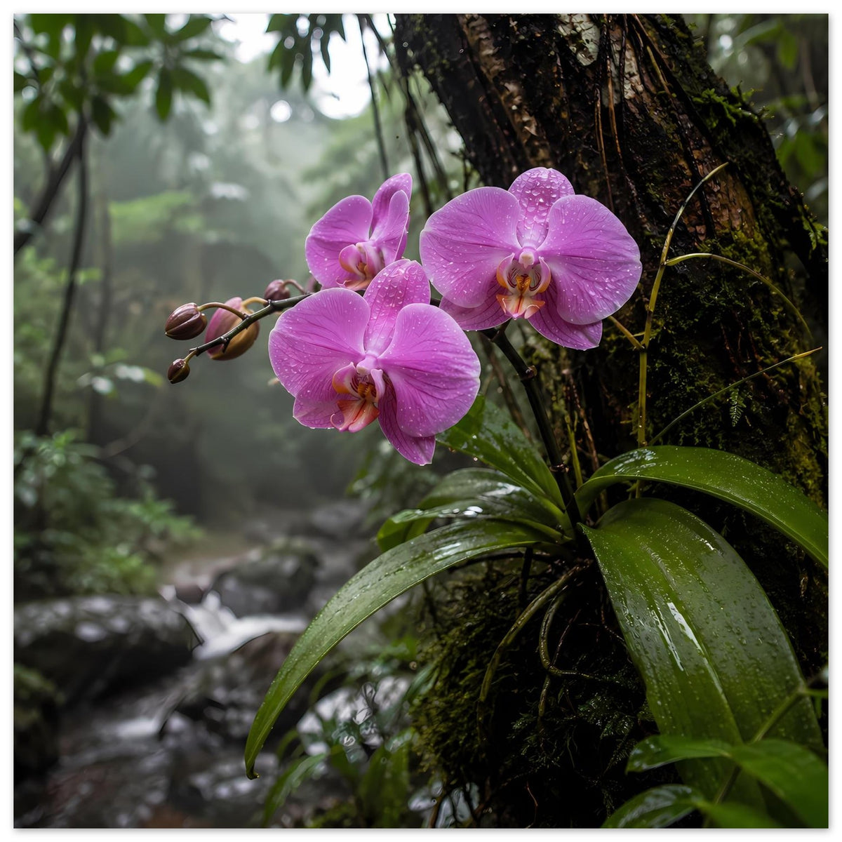 Poster mit drei lila Orchideenblüten, grünen Blättern und Bachlauf im Tropenwald