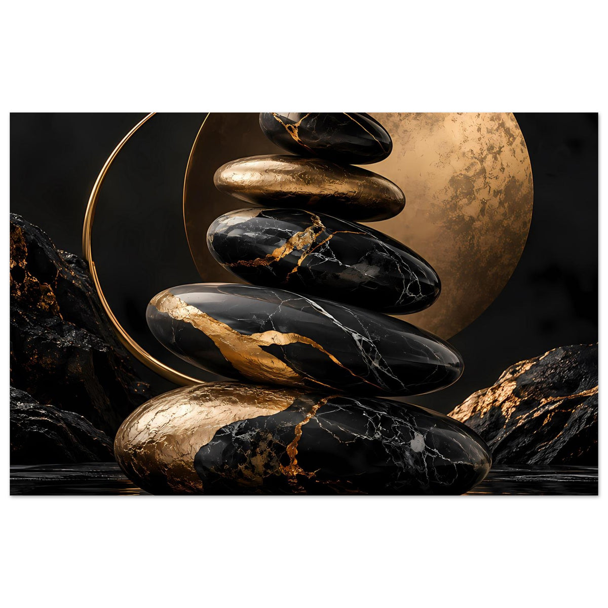 Poster mit Stapel Zen-Steinen aus Marmor in Schwarz und Gold, runder goldener Umrahmung