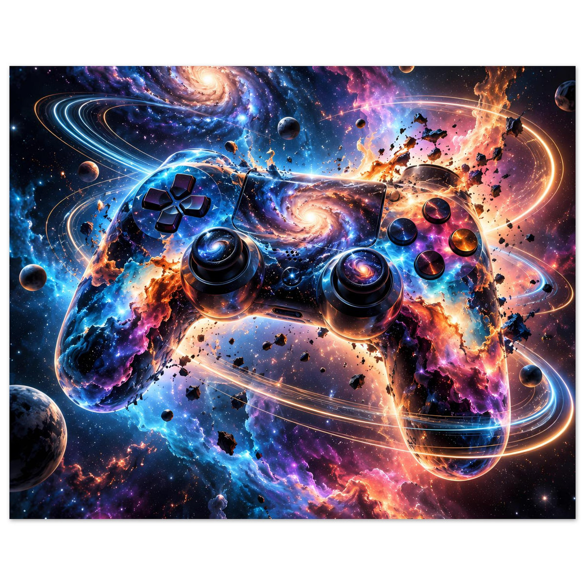 Gaming-Poster mit Galaxie-Controller-Motiv, Planeten und leuchtende Bahnen im Weltraum