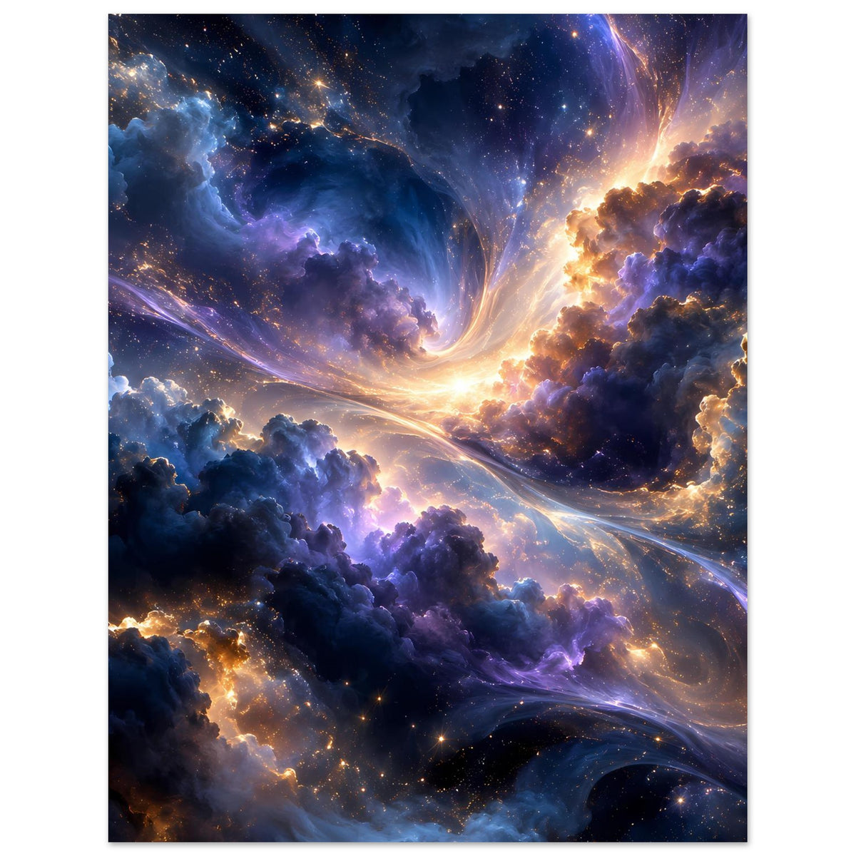 Leuchtendes Galaxieposter mit leuchtendem Lichtwirbel im Nebel zwischen Sternen