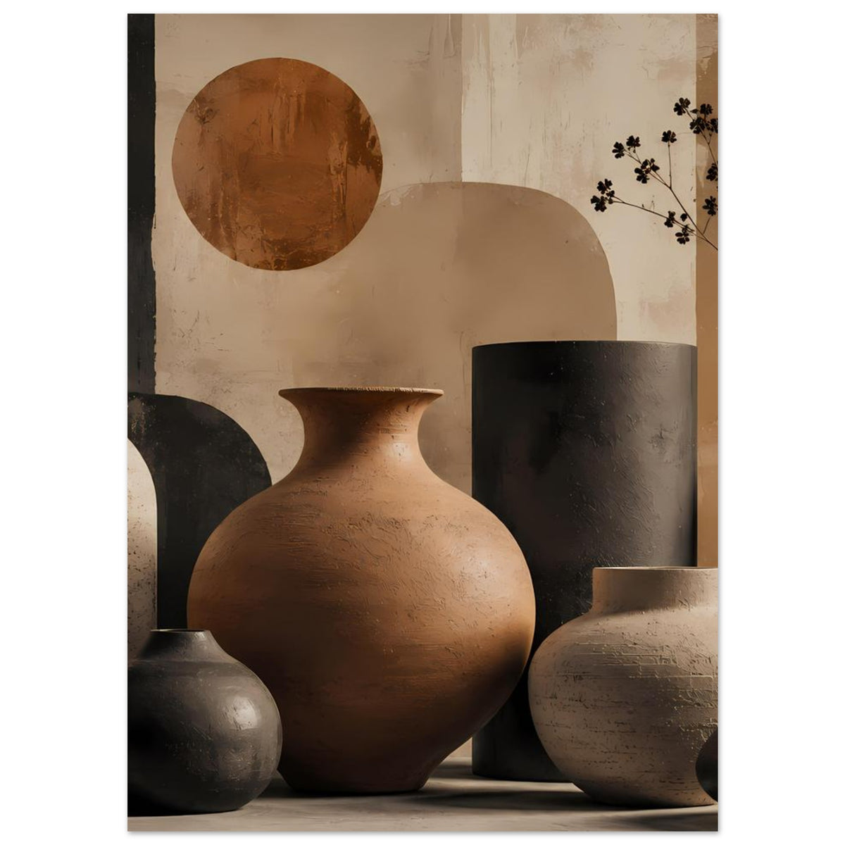 Poster mit mehreren Keramikvasen, darunter große terrakottafarbene Standvase