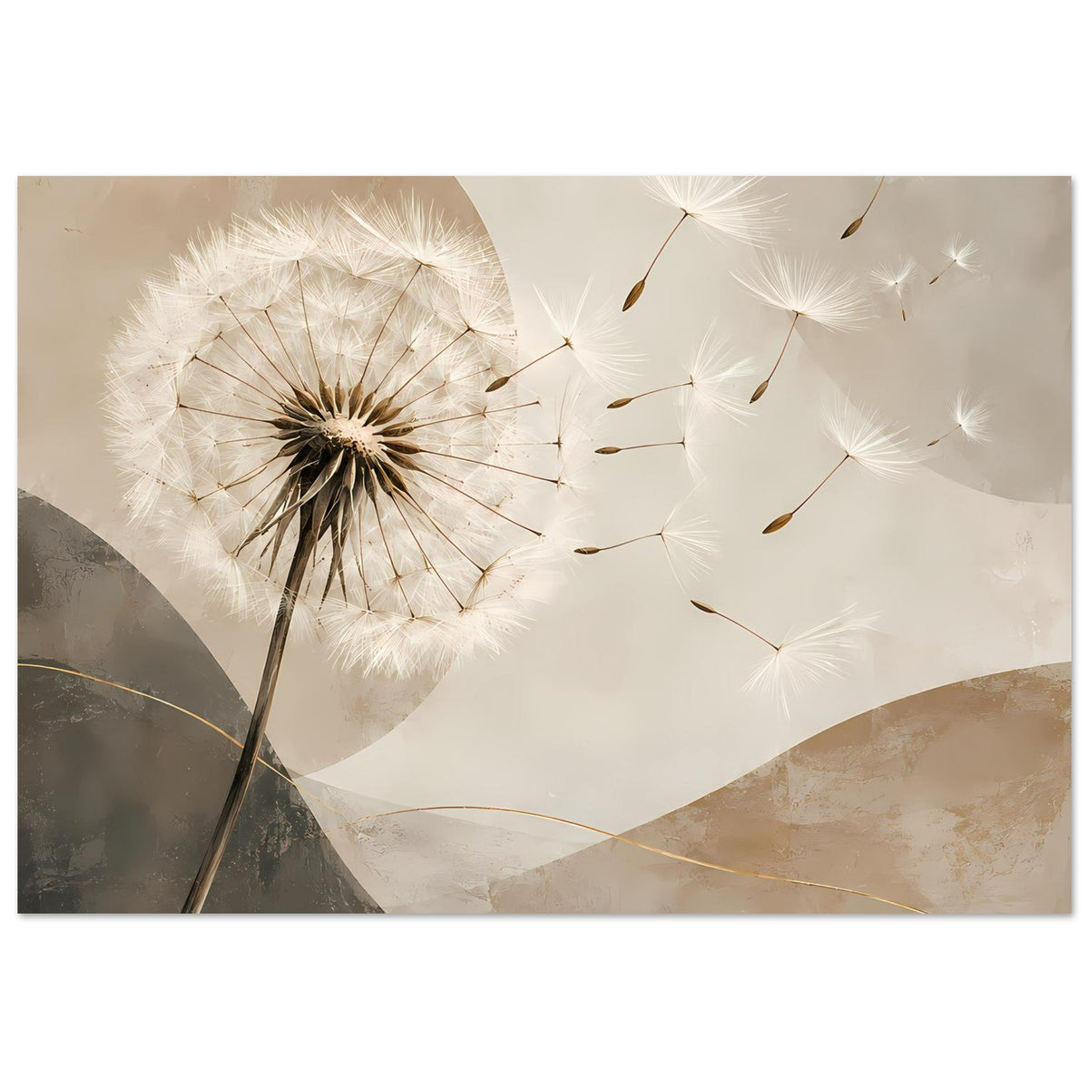 Wandposter mit Pusteblumen-Motiv: feine weiße Samen rechts, abstrakte beige-graue Schichten