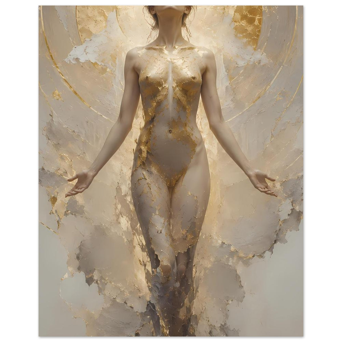 Schwebende Frauenfigur auf Creme-Gold-Poster, Nahansicht der goldenen Struktur am Körper