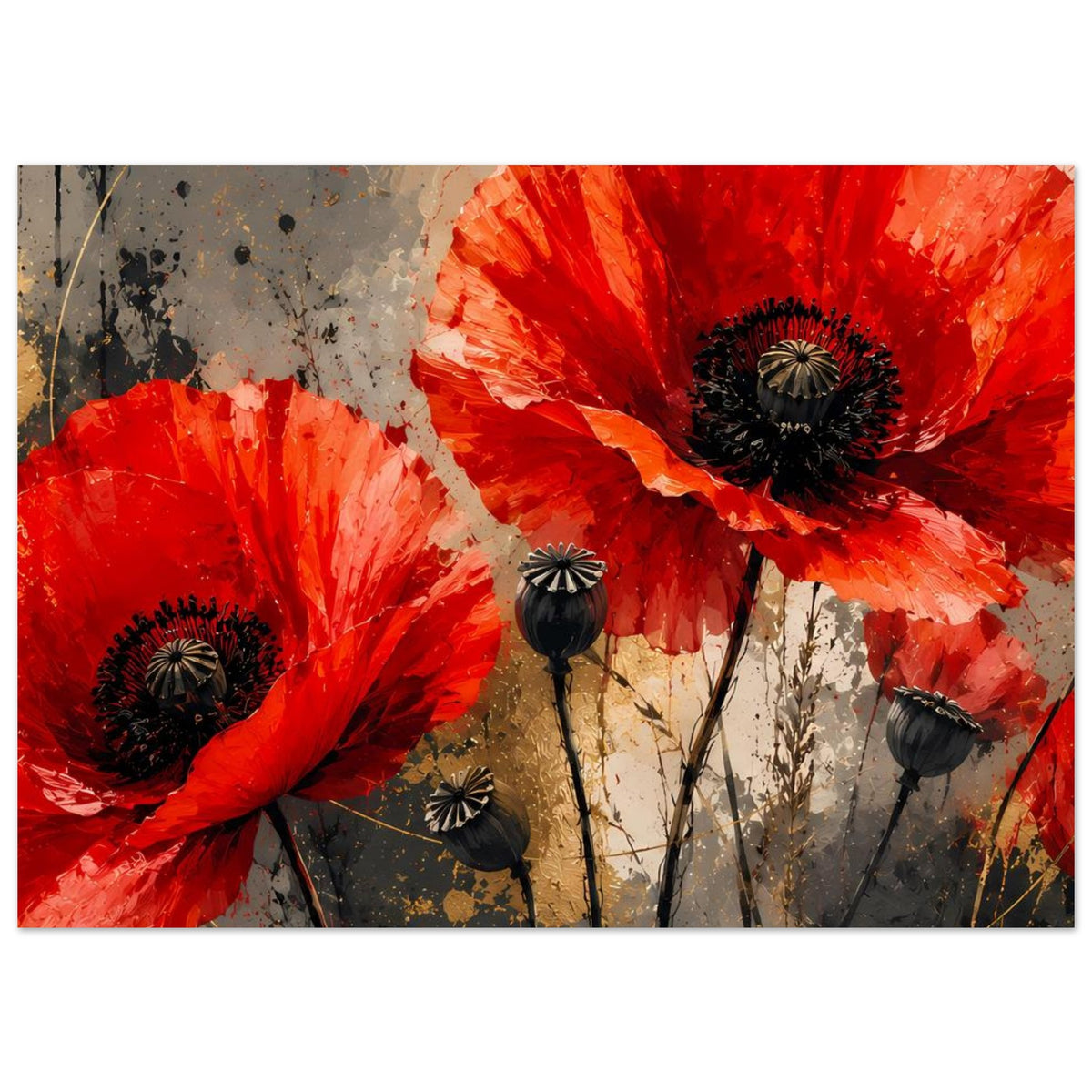 Poster mit roten Mohnblumen und schwarzen Samenkapseln, horizontal