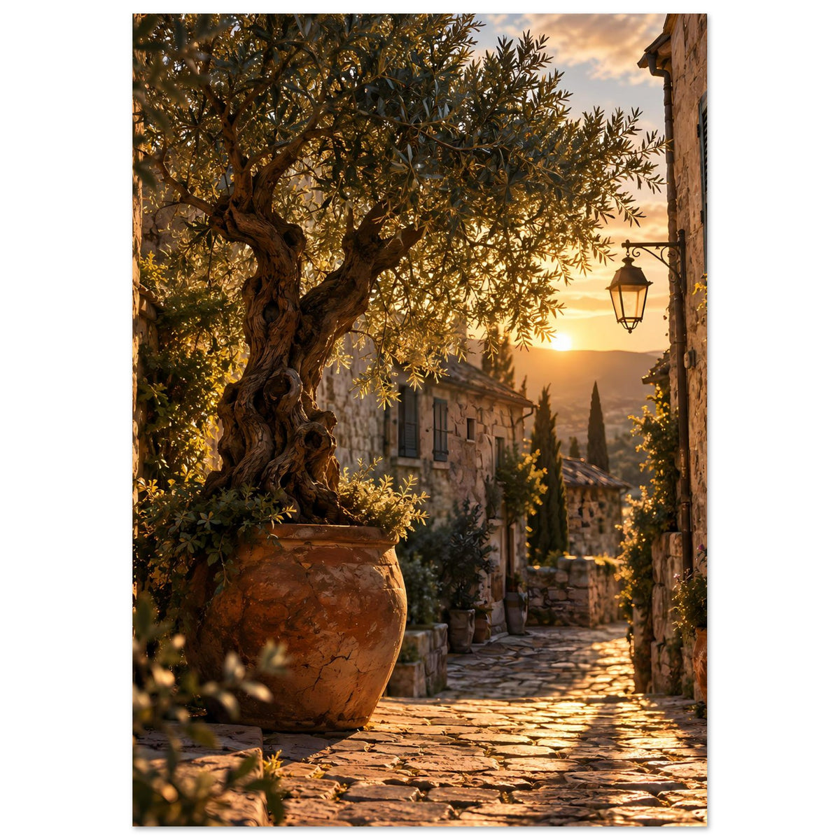 Poster mit mediterraner Gasse, Olivenbaumkrone im Vordergrund und goldenem Abendhimmel