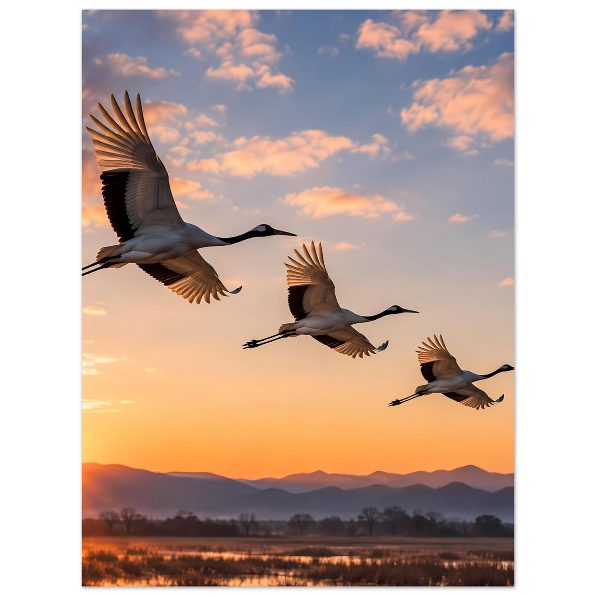 Poster mit fliegenden Kranichen über Dämmerungshimmel im warmen Abendlicht