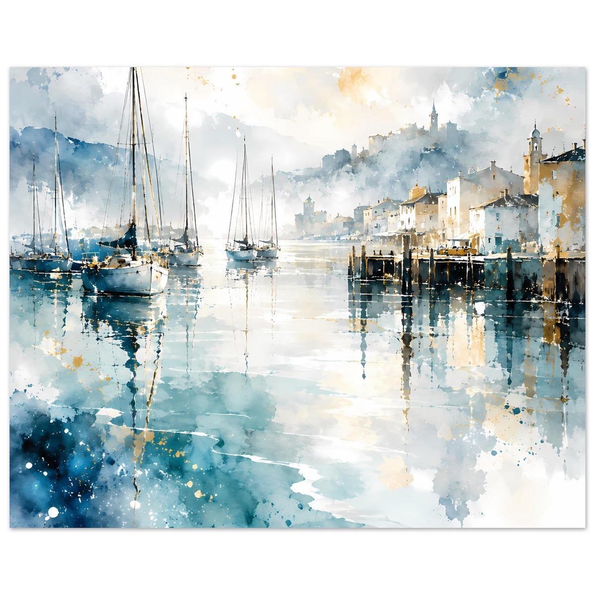 Aquarell-Poster: Segelboote am Pier und Hafenstadt im Blau, ruhiges Wasser