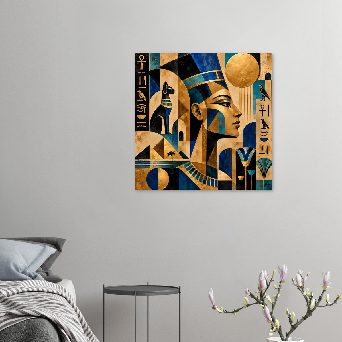 Kleines ägyptisches Kunstposter mit Pharao-Profil, Goldkreis und blauen geometrischen Formen.