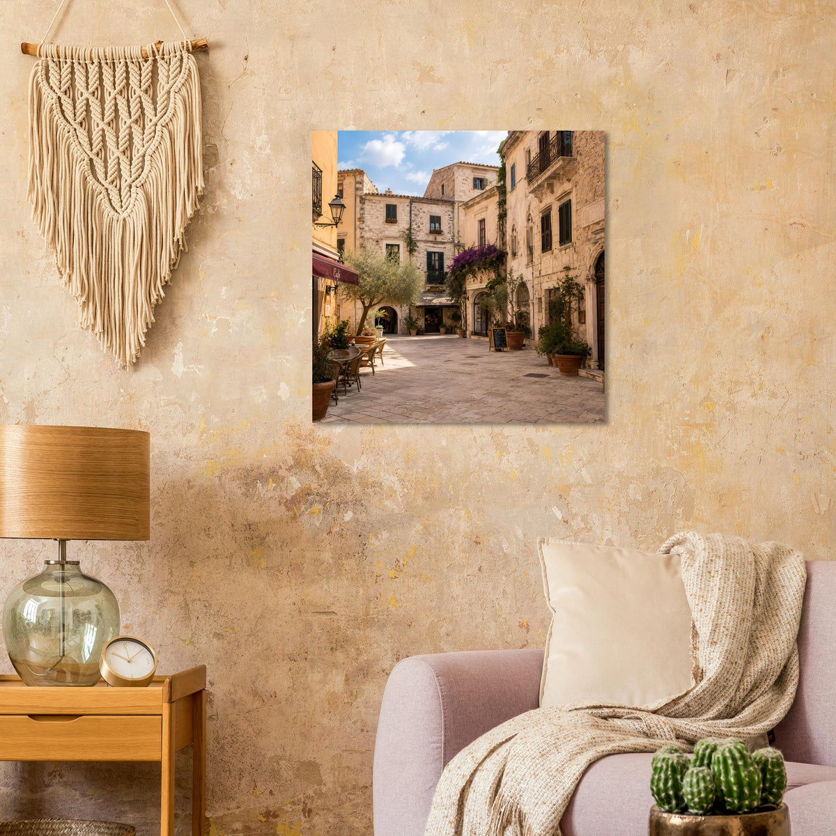 Quadratisches Poster mit mediterraner Straße zwischen Altbauten und Pflanzen