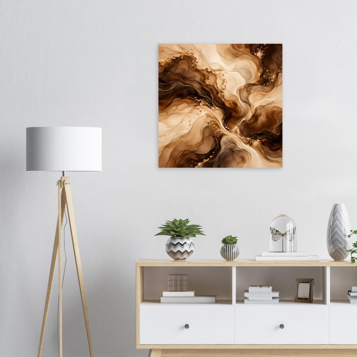 Quadratisches abstraktes Poster mit Brauntönen und beigen Farbschlieren