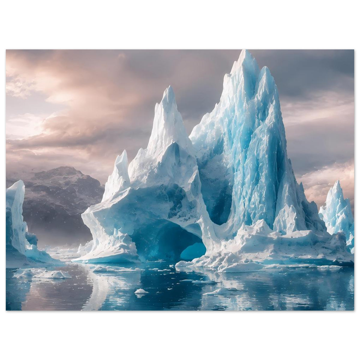 Breites Poster mit Eisberg-Motiv: große blaue Eisspitzen und klare Spiegelung im Wasser