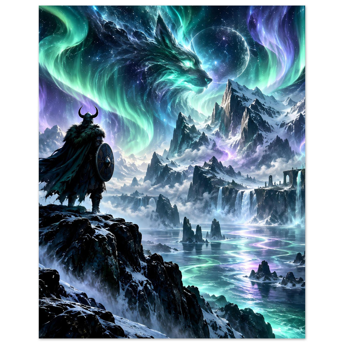 Fantasy-Poster im Hochformat: nordischer Krieger vor Polarlicht-Drachen über Eislandschaft