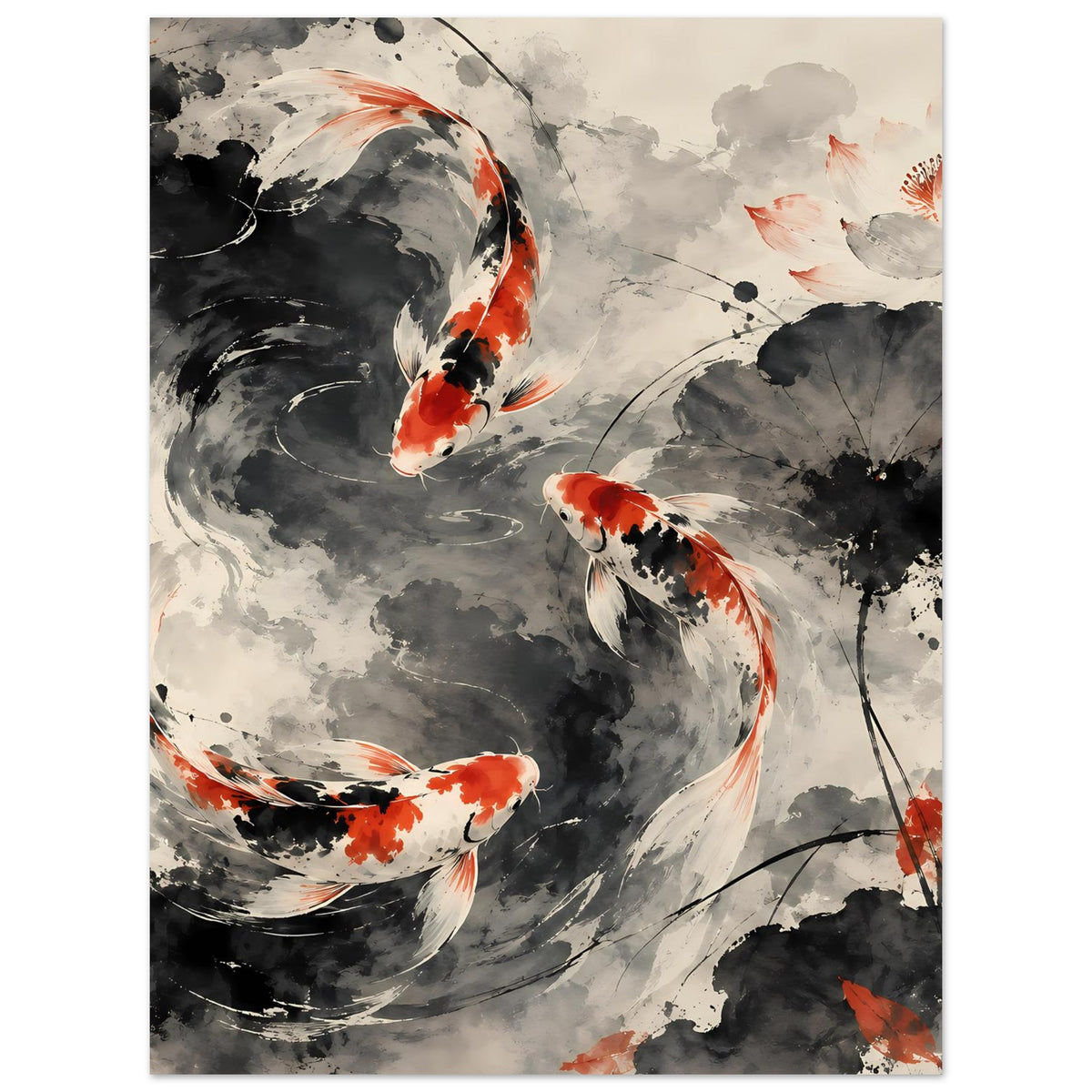 Poster im Hochformat mit Koi-Fischpaar, orange-weiße Flossen und schwarze Tuschelinien