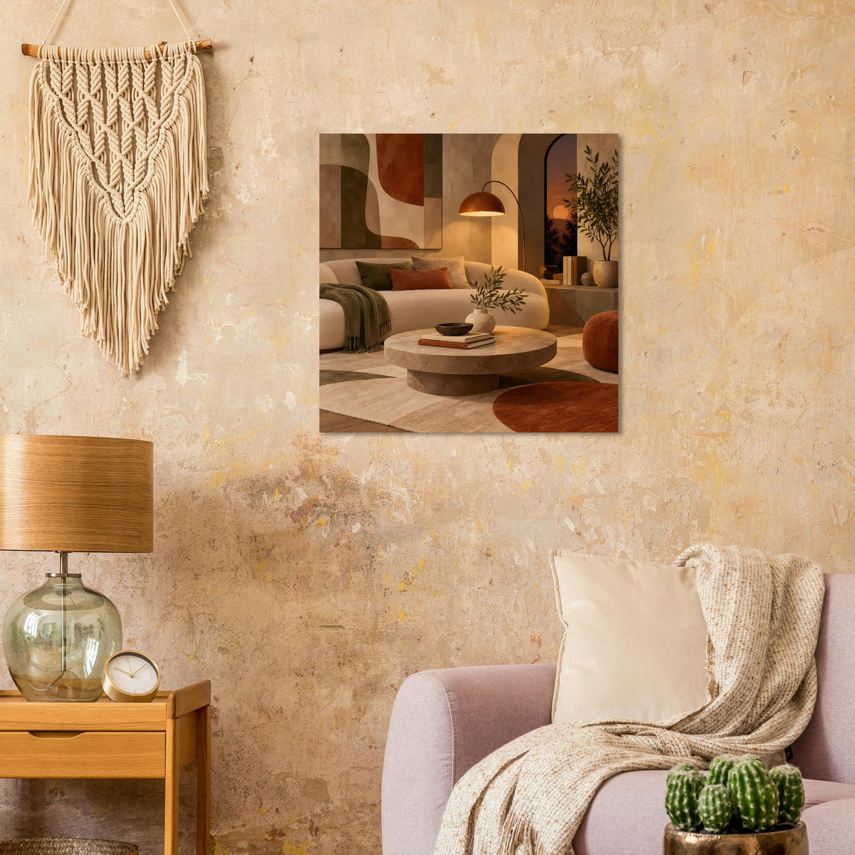 Abstraktes Kunstposter in warmen Erdtönen, quadratisch, an beiger Wand