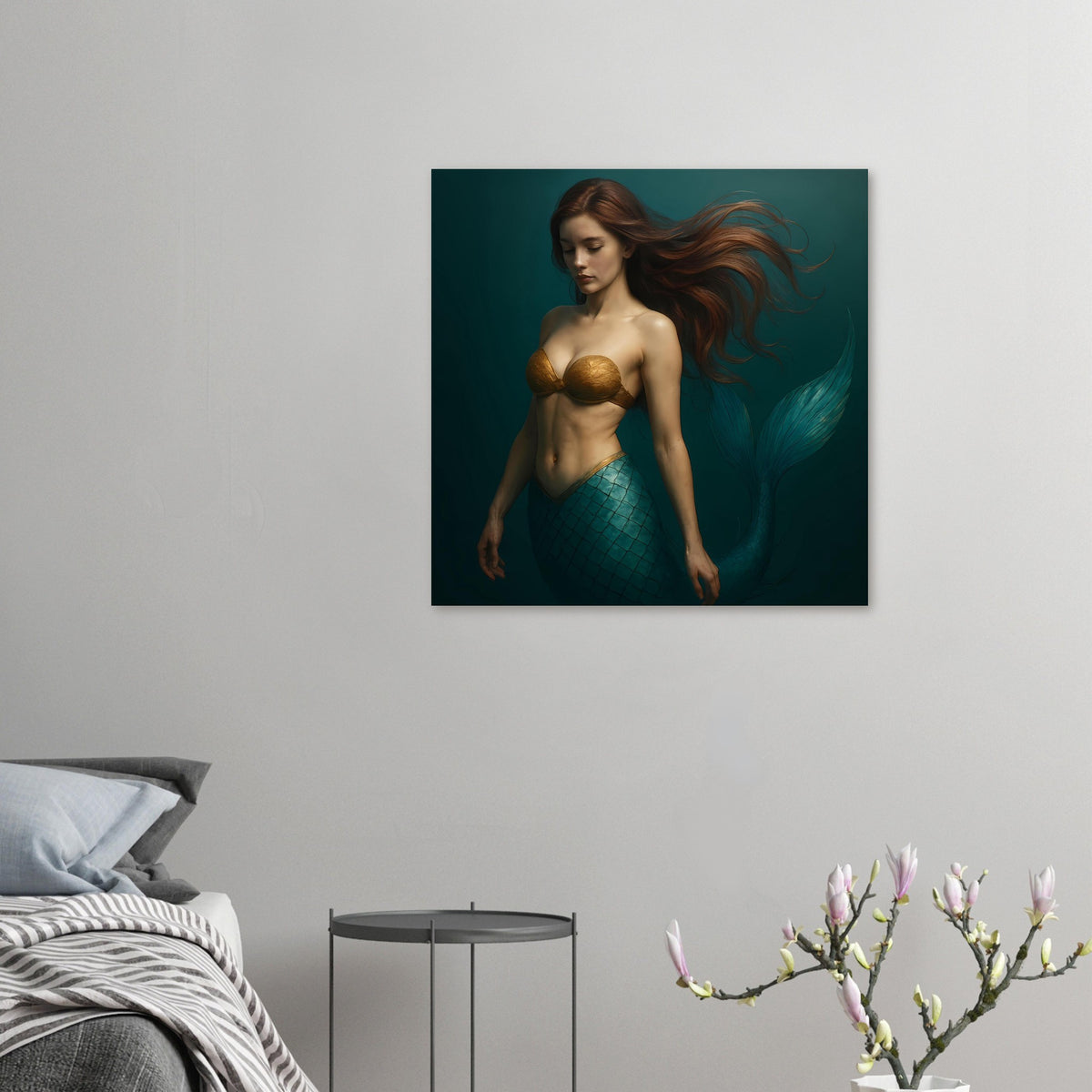Meerjungfrauen-Artprint: kleines Poster mit Frau, goldenem Bikini und türkis schuppigem Schwanz