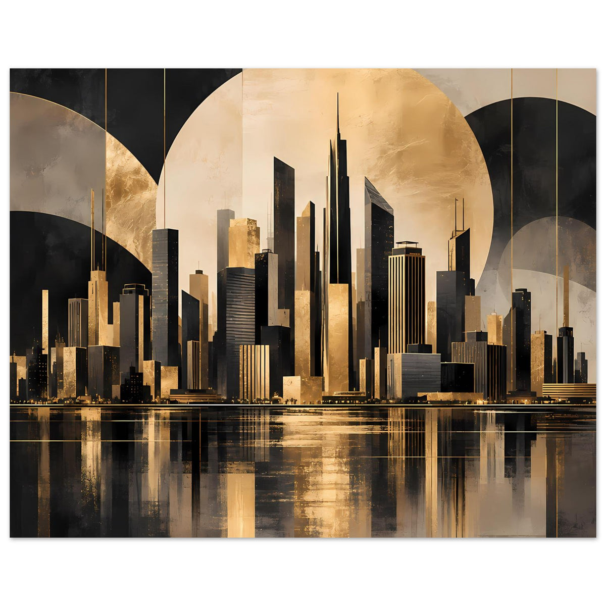 Stadtposter mit gold-schwarzer Großstadt-Silhouette, runden Bögen und Wasserreflexion