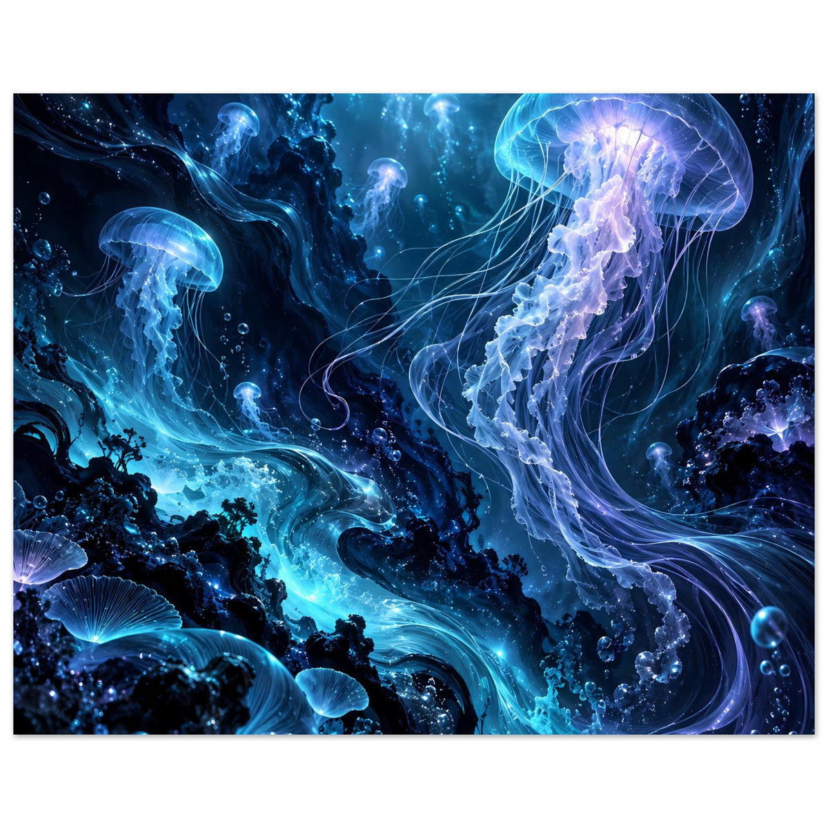 Unterwasser-Poster (Querformat) mit leuchtenden Quallen, hellblau leuchtende Tentakel