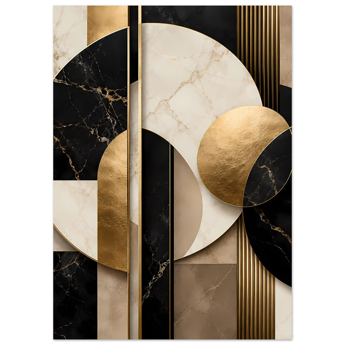 Poster mit abstraktem Marmorbild: Kreis-Arrangements, goldene Akzente, schwarze Kontraste