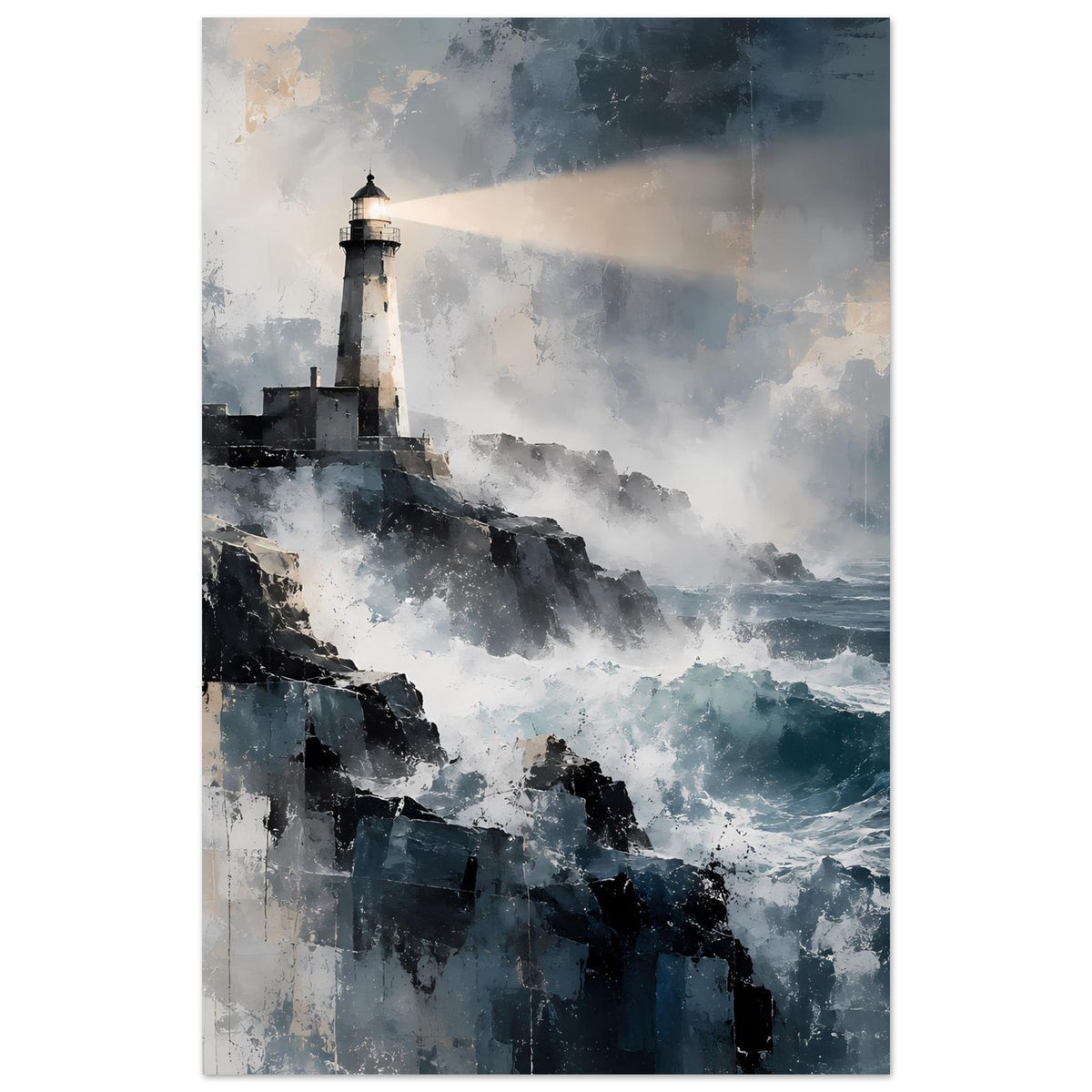 Maritimes Poster im Hochformat mit Leuchtturm, Klippen und Wellen in Blau
