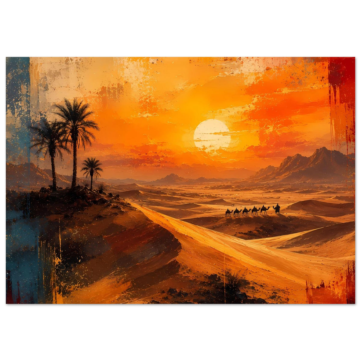 Poster mit goldenen Dünen, Palmen links, Karawane und orange-rotem Sonnenuntergang