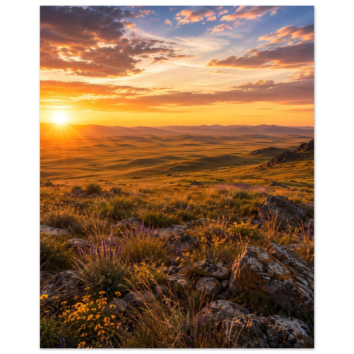 Hochformat-Landschaftsposter mit Sonnenaufgang über Felderlandschaft, Grasbüscheln und Steinen