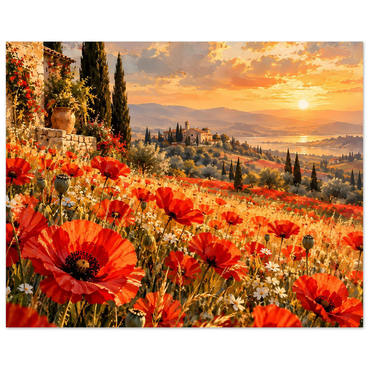 Poster mit roten Mohnblumen, Hügeln und Dorf bei untergehender Sonne
