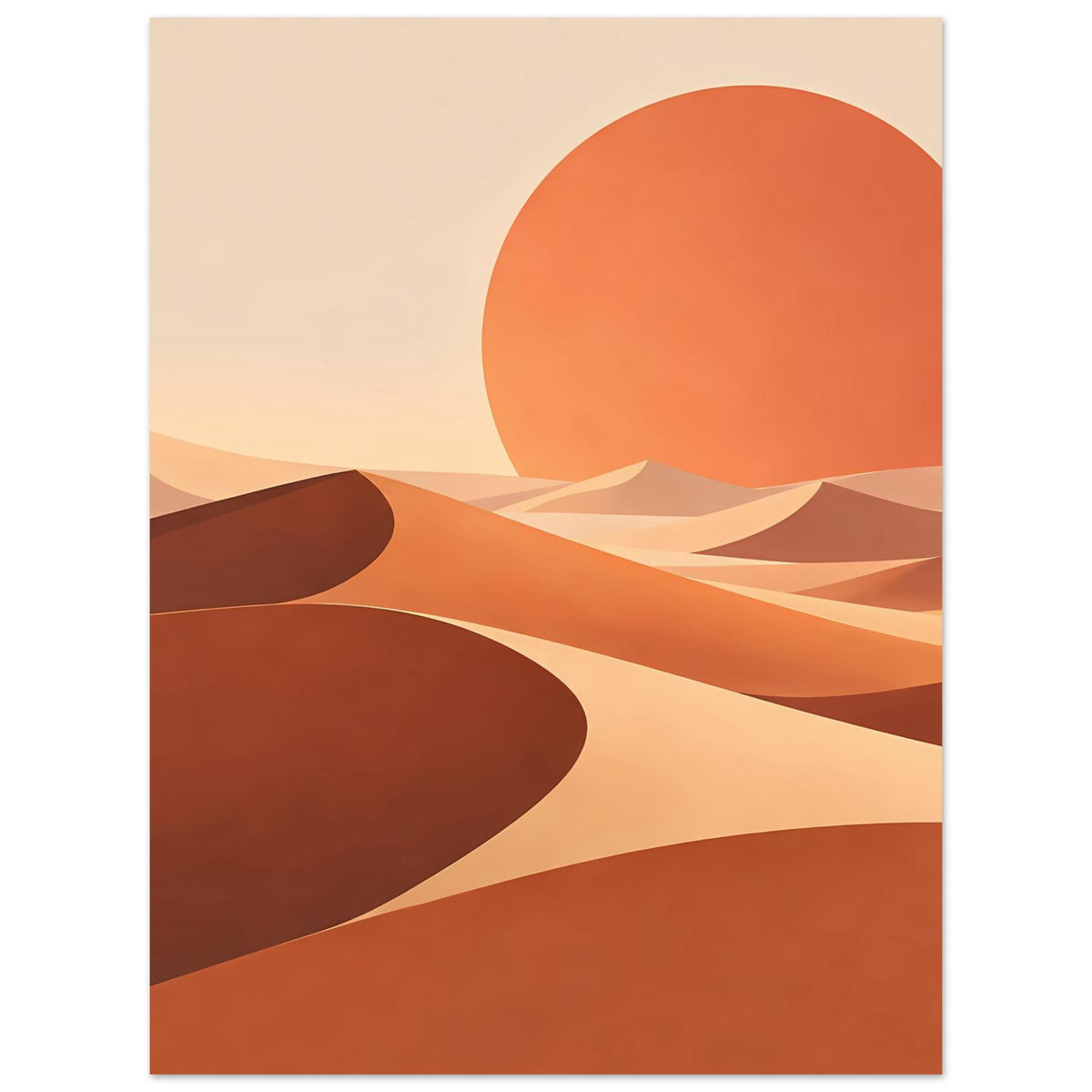 Abstraktes Wüstenposter im Hochformat: Dünenlandschaft mit orangefarbener Sonne