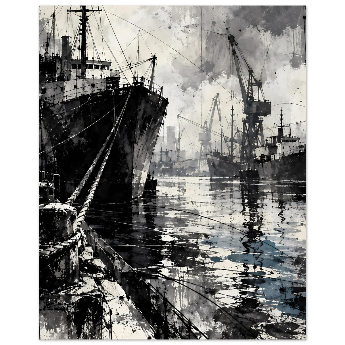 Maritimes Poster: großes Schiff im Hafen, Kräne und spiegelnde Wasserfläche, Schwarzblau