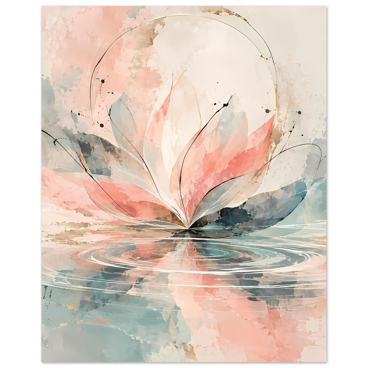 Vertikales Kunstdruck-Poster mit Aquarellblüte in Rosa und Pastellblau, abstrakte Striche
